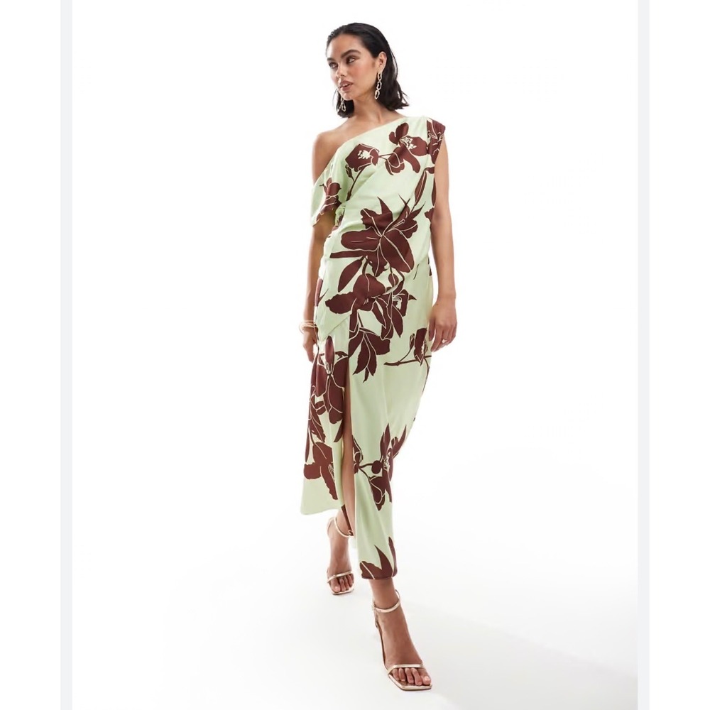 H22 ASOS DESIGN One Shoulder Midi Dress Sage Green Brown Floral Print Size US 4
